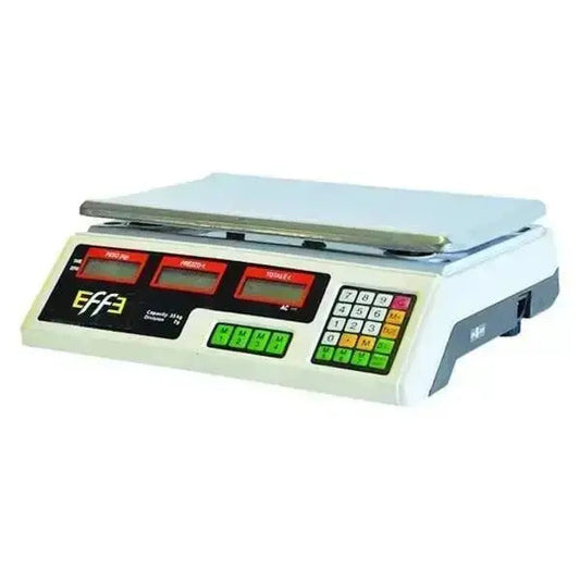 Bilancia elettronica digitale da 35 ed 300 kg con display LCD rosso, tastierino numerico e piano in acciaio inox, ideale per uso domestico o professionale.