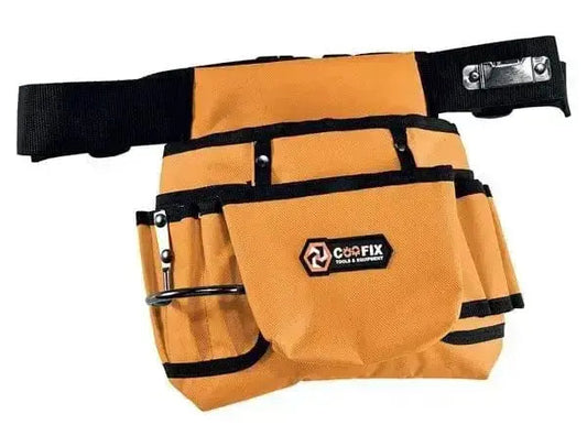 Borsa carpentiere in nylon arancione con tasche multiple e cintura regolabile, ideale per utensili da lavoro e accessori da cantiere