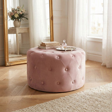 Pouf rotondo in velluto rosa, diametro 67 cm, altezza 41 cm