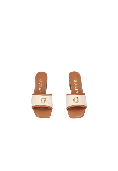Sandalo Ulliye GUESS Tessuto E Pelle Con Tacco 6 Cm Sottopiede In Pelle Dettaglio Logo Metallo Frontale