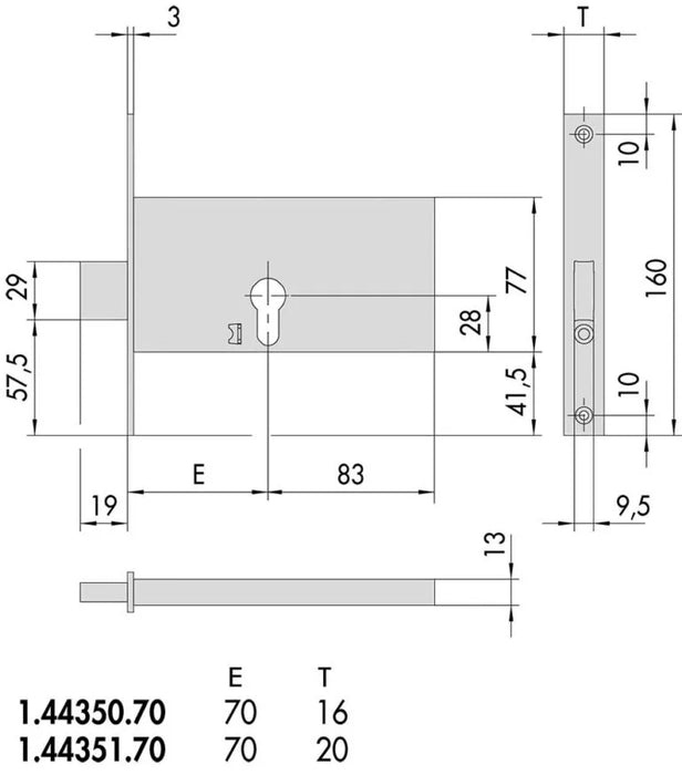 Serratura a Cilindro per Fasce E.70 - Scatola 77MM con Rivestimento in Zinco