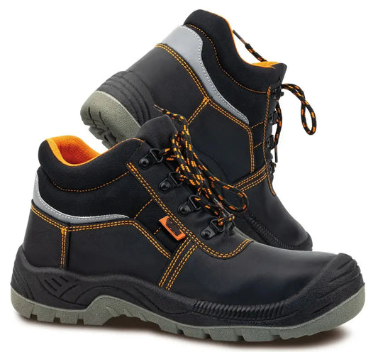 Scarpa antinfortunistica in pelle nera con puntale in acciaio, suola antiscivolo, dettagli arancioni e fodera interna imbottita, SKU: C/WS200-37