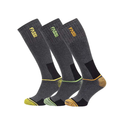 Calze lunghe da lavoro in spugna grigia con dettagli neri e gialli, ideali per protezione e comfort sul lavoro, SKU: C/YFAS018-12