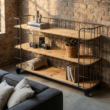 Mobile in ferro e legno con 3 ripiani, dimensioni 170x43,5x85 cm