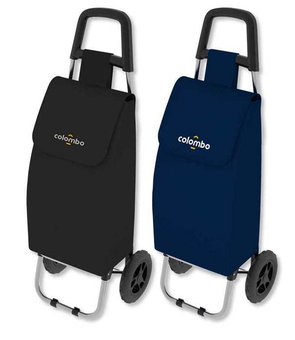 Carrello spesa con struttura in metallo, rivestimento in tessuto nero, manico ergonomico e ruote grandi per facile movimentazione