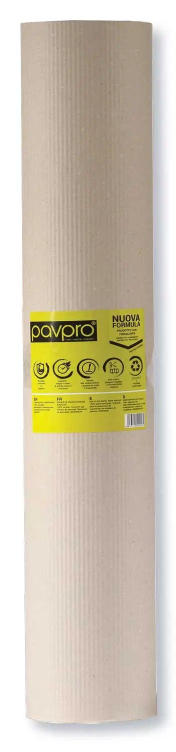 Rotolo di cartoni protettivi eco per lavori e ristrutturazioni, con etichetta gialla Pavpro. Ideale per proteggere pavimenti durante i lavori.