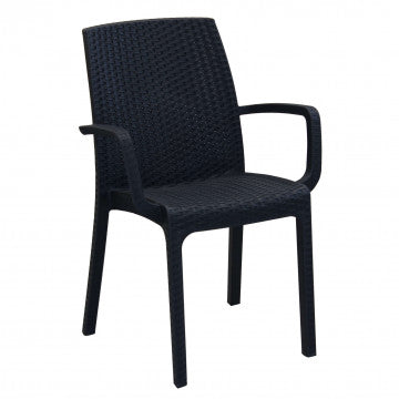 Poltrona Indiana nera in wicker con struttura plastica stampata, ideale per esterni. Dimensioni 57 x 59 x 86 cm, moderna e resistente.