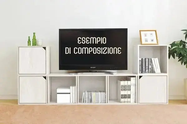 Esempio di composizione con cubi componibili in rovere nordico, utilizzati come mobile TV e libreria modulare.