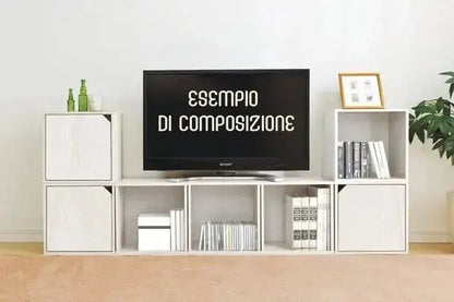 Esempio di composizione con cubi componibili in rovere nordico, utilizzati come mobile TV e libreria modulare.