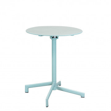 Tavolo Vega ø 60 in acciaio azzurro chiaro, design moderno e compatto per giardini, balconi e terrazze.