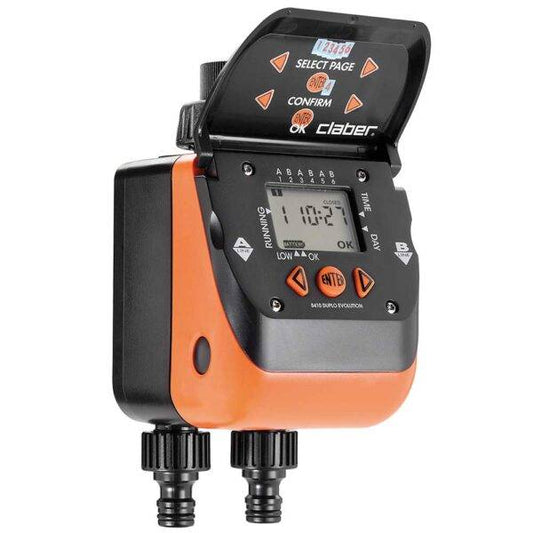 Programmatore di irrigazione elettronico Aquadue Duplo Cf. con display digitale e doppia uscita, ideale per controllo irrigatori.