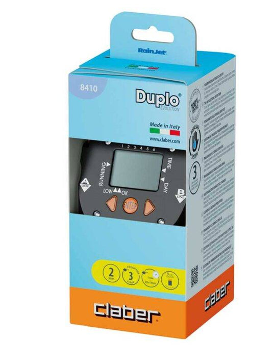 Confezione blister del programmatore di irrigazione elettronico Aquadue Duplo Cf., con dettagli tecnici e marchio Claber.