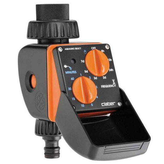 Programmatore di irrigazione Select Cf con manopole arancioni per impostare durata e frequenza, design compatto e resistente.