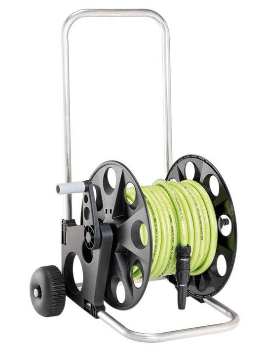 Carrello avvolgitubo Aquacarry con accessori e tubo completo da 20 metri, struttura in metallo e plastica, ideale per irrigazione.