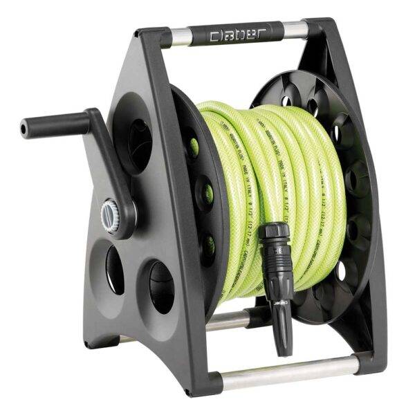 Carrello Kiros Set completo con tubo e accessori inclusi, avvolgitubo portatile con struttura robusta e tubo verde da 15 metri per giardinaggio.