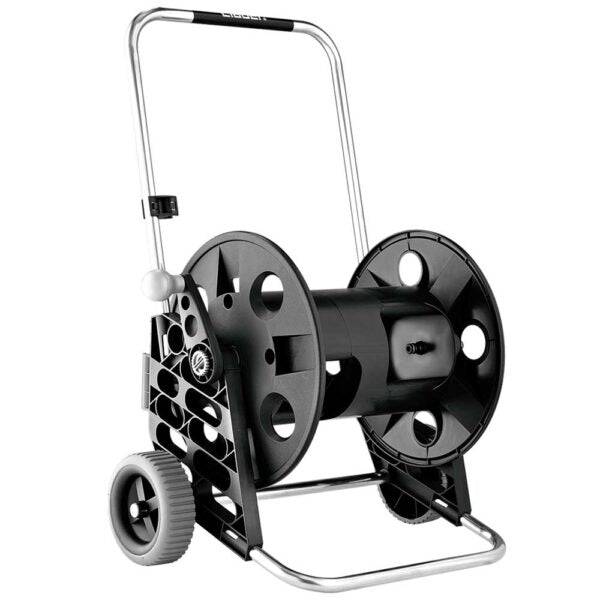 Carrello avvolgitubo professionale 100 metri con struttura in metallo e plastica resistente, dotato di ruote in gomma per un facile trasporto.