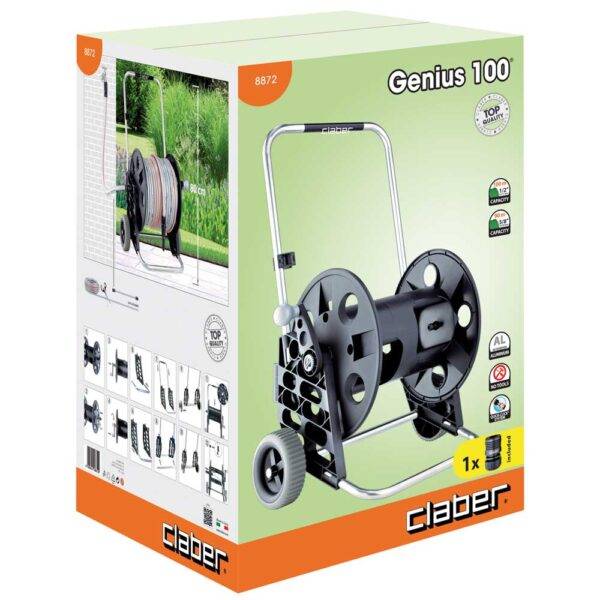 Confezione del carrello avvolgitubo Genius 100, con immagini illustrative del prodotto e dettagli tecnici per utilizzo in giardini e spazi esterni.