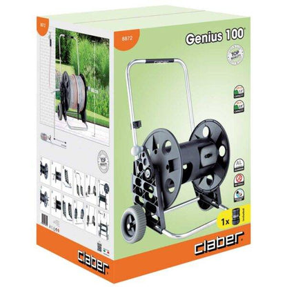 Confezione del carrello avvolgitubo Genius 100, con immagini illustrative del prodotto e dettagli tecnici per utilizzo in giardini e spazi esterni.