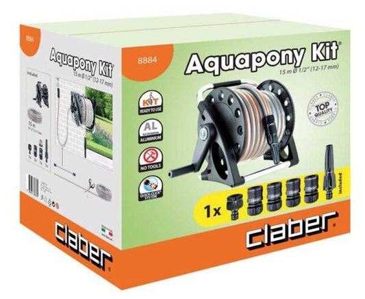 Confezione del Carrello Aquapony Set completo con tubo e accessori inclusi, include raccordi automatici e lanciaspruzzo per irrigazione.