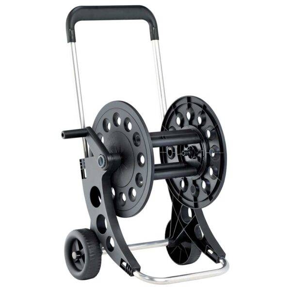 Carrello avvolgitubo per giardini Aquaviva 60 metri, struttura leggera e resistente con ruote per facile trasporto, ideale per giardini medi.