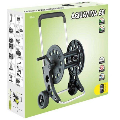 Confezione del carrello avvolgitubo Aquaviva 60 metri, con dettagli sul design antiruggine, capacità di 60 metri e montaggio semplice.