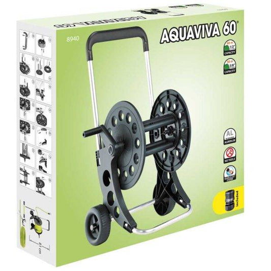 Confezione del carrello avvolgitubo Aquaviva 60 metri, con dettagli sul design antiruggine, capacità di 60 metri e montaggio semplice.