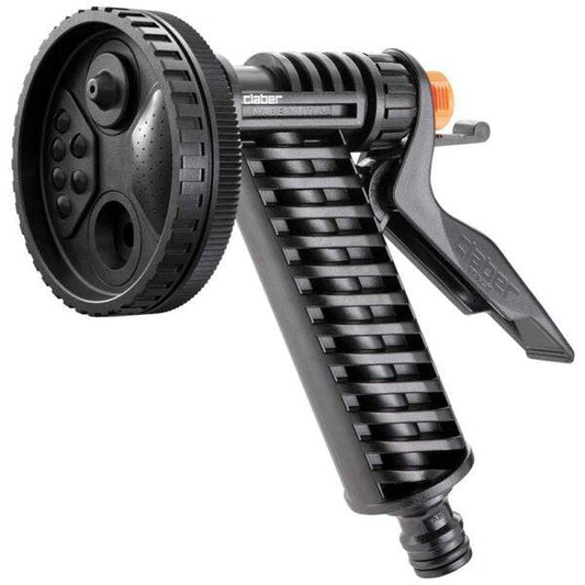Pistola da giardino multifunzione con 4 getti, design ergonomico nero, ideale per irrigazione e giardinaggio versatile.