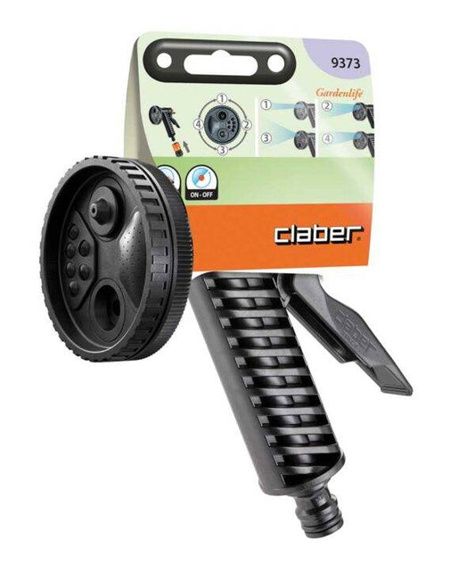 Pistola da giardino multifunzione Claber con 4 getti in blister, confezione illustrata per uso pratico e versatile.