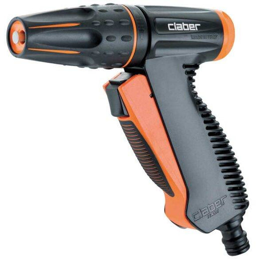 Pistola per irrigazione ergonomica Confort CF con design nero e arancione, impugnatura antiscivolo e regolazione del flusso d'acqua.