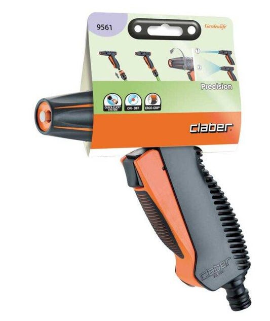 Pistola per irrigazione ergonomica Confort CF confezionata in blister, con dettagli sul funzionamento e design nero-arancione.