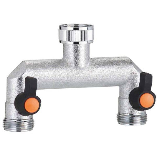 Rubinetto in ottone cromato a due vie regolabili 3/4 pollici, design robusto con manopole arancioni per controllo del flusso.