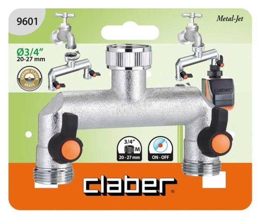 Rubinetto in ottone cromato a due vie regolabili 3/4 pollici confezionato in blister Claber, compatibile con raccordi standard.