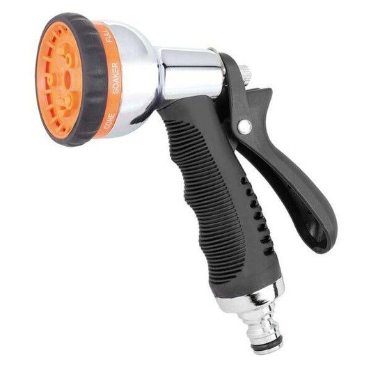 Lancia a pistola multifunzione in metallo con getti regolabili, impugnatura ergonomica e design resistente per irrigazione giardino.