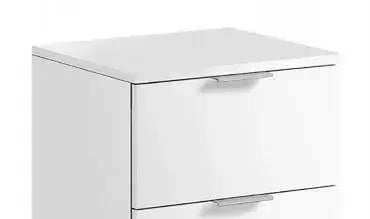 Dettaglio del comodino bianco 2 cassetti 38x34x45H con maniglie minimaliste e finitura liscia in melaminico.