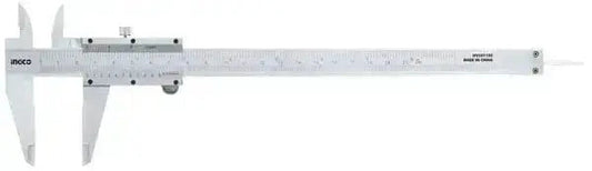 Calibro in acciaio 150 a 200mm Ingco per misurazioni precise, realizzato in acciaio al carbonio con scala incisa e custodia in plastica inclusa.