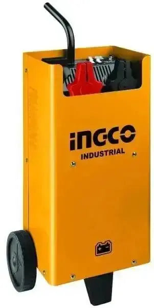 Caricabatteria carrellato 300A Ingco per veicoli, colore giallo, con ruote e maniglia, tensione di carica 12/24V, ideale per officine.