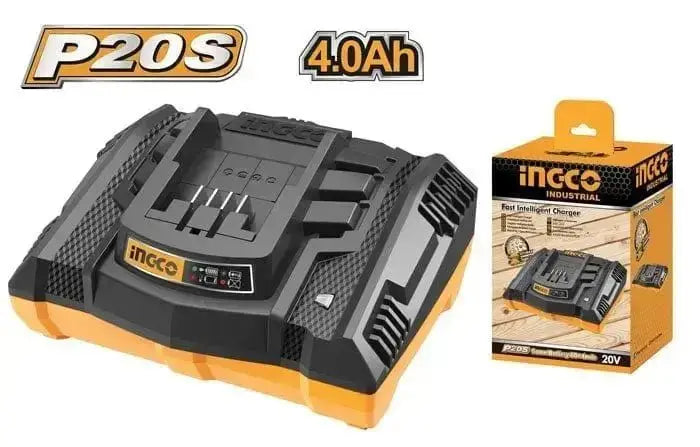 Caricabatterie rapido 20v 4ah Ingco per batterie al litio, compatibile con utensili P20S. Design robusto e ricarica veloce e sicura.