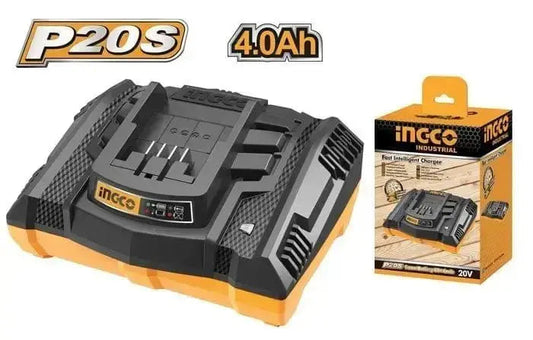 Caricabatterie rapido 20v 4ah Ingco per batterie al litio, compatibile con utensili P20S. Design robusto e ricarica veloce e sicura.