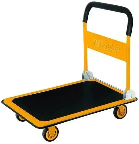 Carrello con maniglia pieghevole Ingco 300kg a 4 ruote in poliuretano da 5", ideale per trasporto merci pesanti in ambienti industriali o ferramenta.
