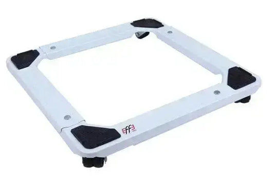 Carrello elettrodomestici estensibile in acciaio verniciato bianco con ruote e angoli antiscivolo, ideale per lavatrici e asciugatrici.