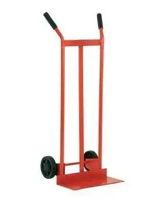 Carrello portapacchi port.kg.150 in metallo rosso con ruote in PVC Ø150 mm, pala 41x19 cm e struttura alta 106 cm per trasporto merci.