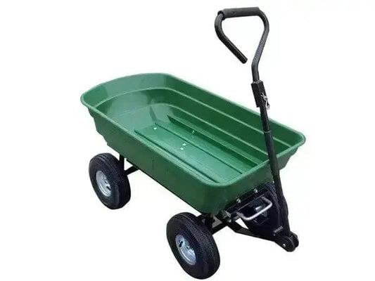 Carrello ribaltabile port.250 kg con vasca in PVC verde, struttura in acciaio richiudibile e gomme gonfiabili, ideale per trasporto merci pesanti.