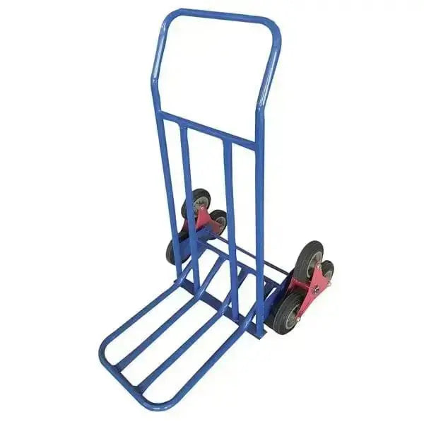 Carrello saliscale 3 ruote portata 250kg in acciaio blu con struttura robusta e ruote multiple per facilitare il trasporto su scale. Ideale per ferramenta e carico pesante.
