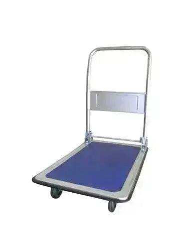 Carrello tuttofare 73x47,5x83 cm con pianale blu, 4 ruote di cui 2 piroettanti e maniglione ripiegabile, ideale per trasporto merci fino a 150 kg.