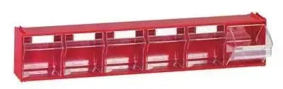 Cassettiera MADIA5 rosso con 5 cassetti trasparenti, ideale per conservazione attrezzi in officina o magazzino, struttura sovrapponibile.