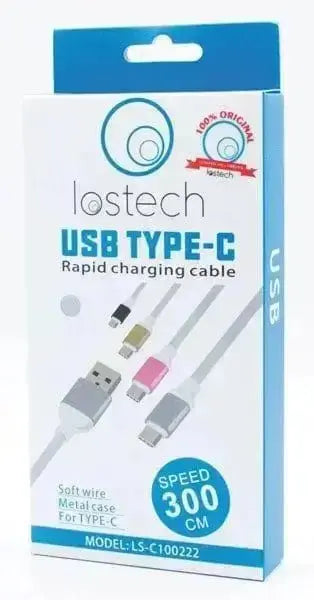 CAVO CARICA RAPIDA 300 CM.TYPE-C Lostech con attacco Type-C, confezione da 3 metri ideale per ricarica veloce dispositivi elettronici.