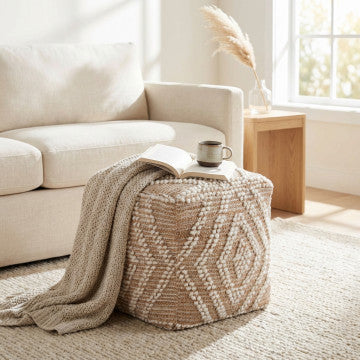 Pouf quadrato 40x40x40 cm in lana avorio con base juta