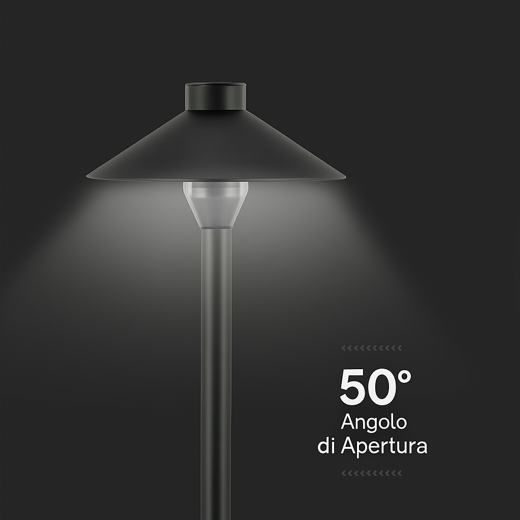 Dettaglio della Piantana LED Giardino 7W 3000K IP65 con angolo di apertura di 50°. Illuminazione precisa per esterni.