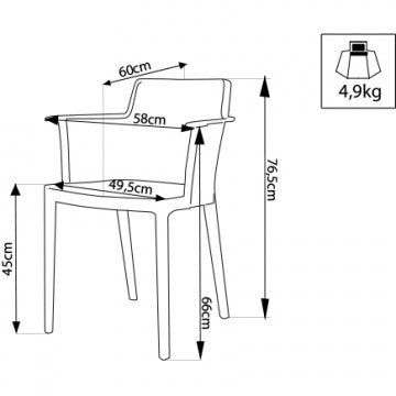 Schema tecnico della poltrona Cathy con misure: 60x58x76.5cm. Peso 4,9kg, impilabile e realizzata in polipropilene resistente.