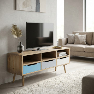 Porta TV MDF con gambe legno pino, 3 ripiani 3 cassetti, 120x35,5x29,5 cm